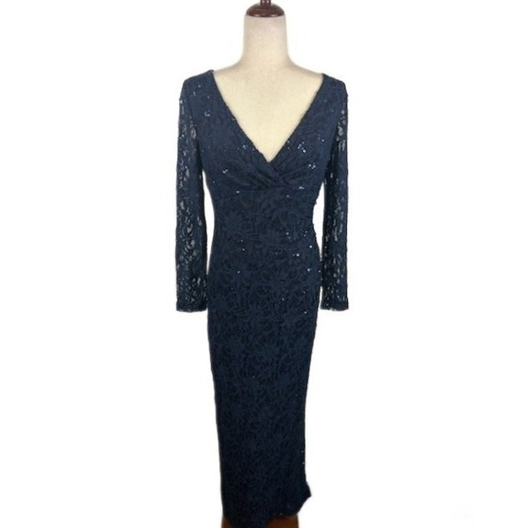 Ralph Lauren Evening Dress Navy Blue Lace Sequin Long Sleeve Formal Size 12 - Picture 1 of 6